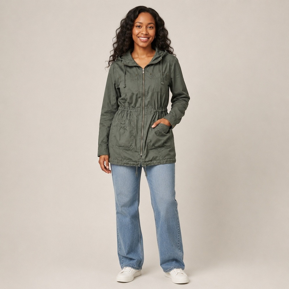 Kenneth Cole Reaction Utility Jacket Womens M Olive Green Hooded Anorak Coat